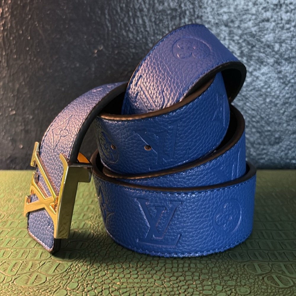 Louis Vuitton sapphire blue logo embossed leather belt with gold LV buckle
